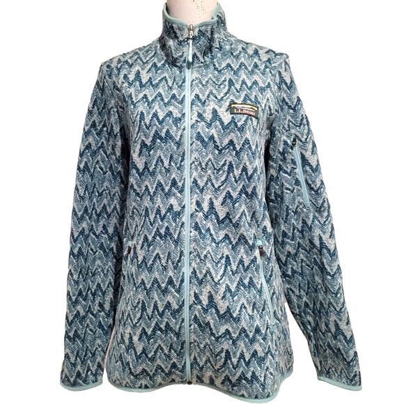 L.L. Bean Full Zip Sweater Fleece Jacket Green Chevron Tree Print, Size Medium - Picture 1 of 9